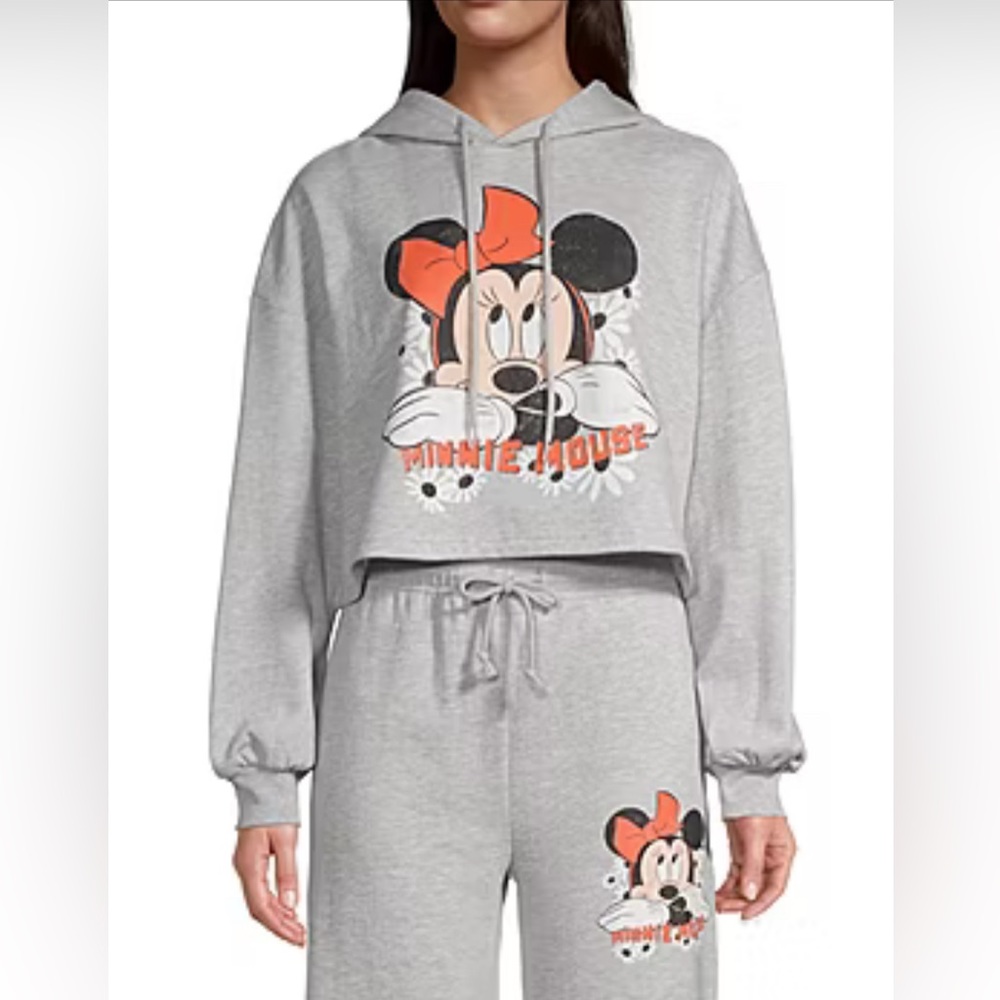 DISNEY 2 PC WORN ONCE! WOMEN JUNIOR’S MINNIE MOUSE HOODIE & SWEATS IN GRAY SZ M